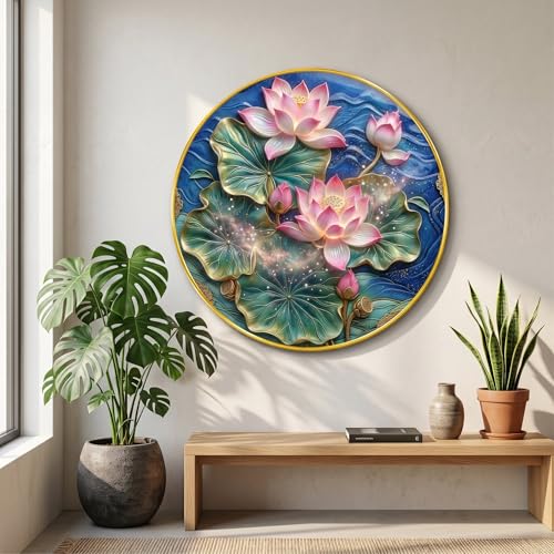 Image of SAF Lotus Flower Wall Painting Round PVC Golden Frame Spiritual Floral Wall Decor for Living Room Bedroom Office Modern Decorative Art Peaceful Home Gift Item (16 x 16 Inch) GRM-376