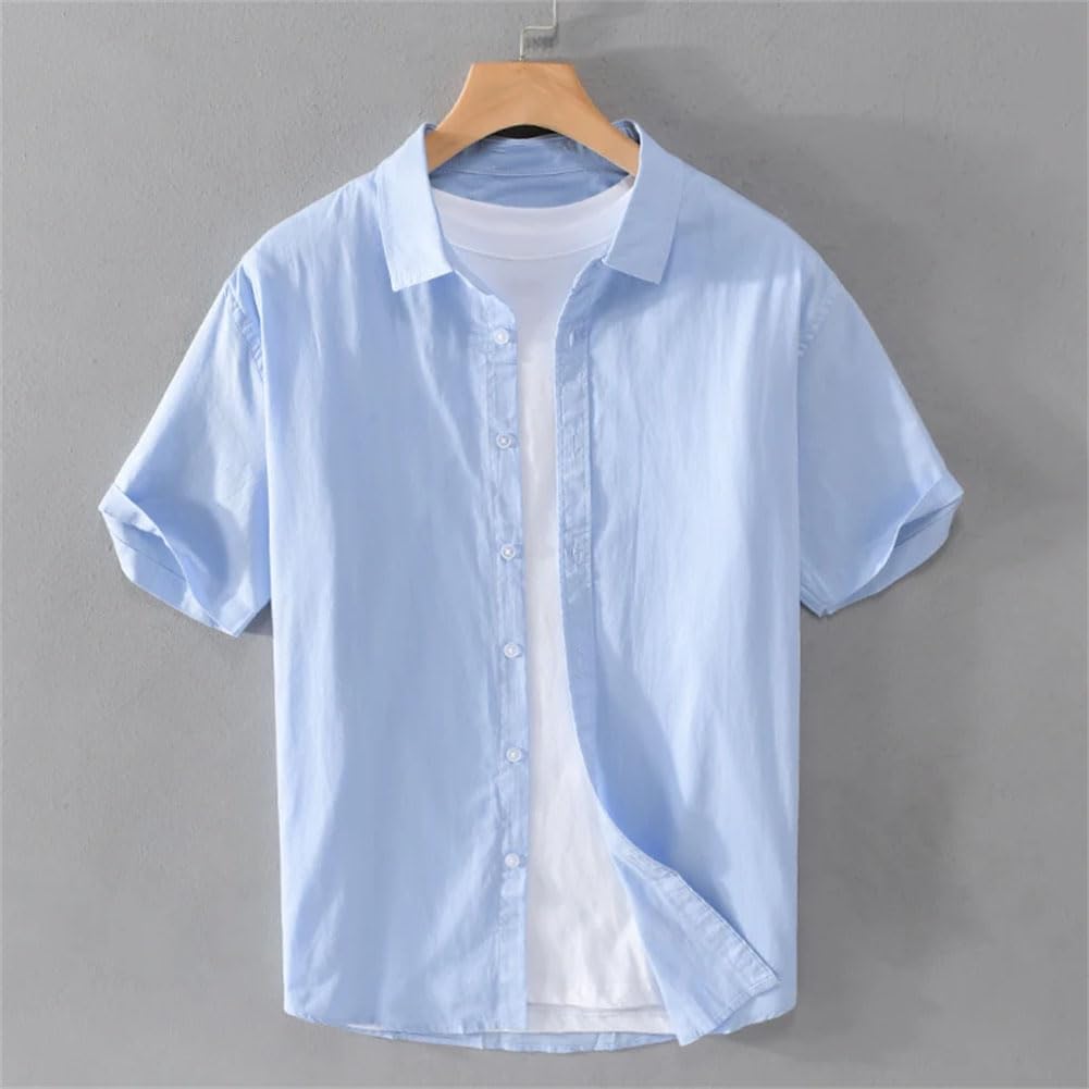 Men's Comfortable Solid Short Sleeved Casual Lapel Slim Shirt Button Beach Loose Shirts