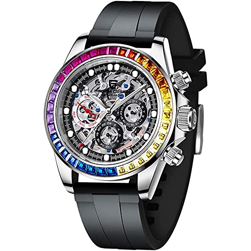 RollsTimi Pagani Design Men's Automatic Watches Diamond Rainbow Automatic Mechanical Waterproof Stainless Steel Chronograph Skeleton Men 40mm (QA1653 Tape Jewel Ring Silver Black)