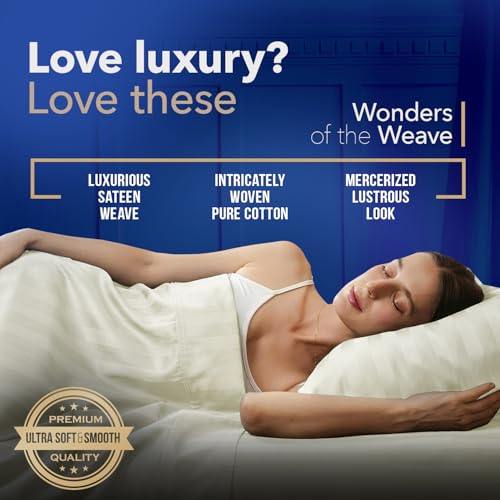 Image of TEXAS LINEN CO. 100% Egyptian Cotton Full Size Sheet Set - Luxury 1000 Series Lonestar Lovin' Damask Bed Sheets Full Size (4 PC, Ivory Stripe), Cooling, 16 inch Deep Pocket Extra Long Staple Hotel Sheets