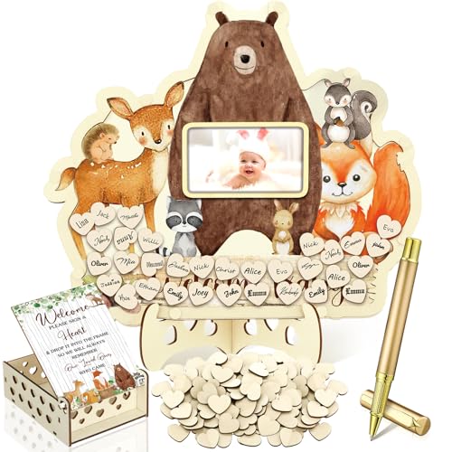 Image of Wenqik 63 Pcs Woodland Animal Baby Shower Guest Book Alternatives Set Baby Shower Decorations with Photo Frame Sonogram Frame Keepsake 60 Wood Slices Guest Book for Birthday