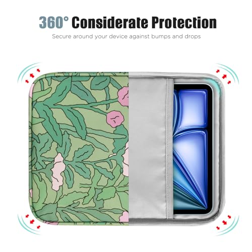 Image of TiMOVO 9-11 inch Tablet Sleeve Bag with Pocket, Green Flower | Fits iPad 11 inch A16 2025, iPad 10.9 inch /10.2 inch, Air 11 inch 5th /4th Gen, Galaxy Tab A9+ /A11 Plus 11 inch