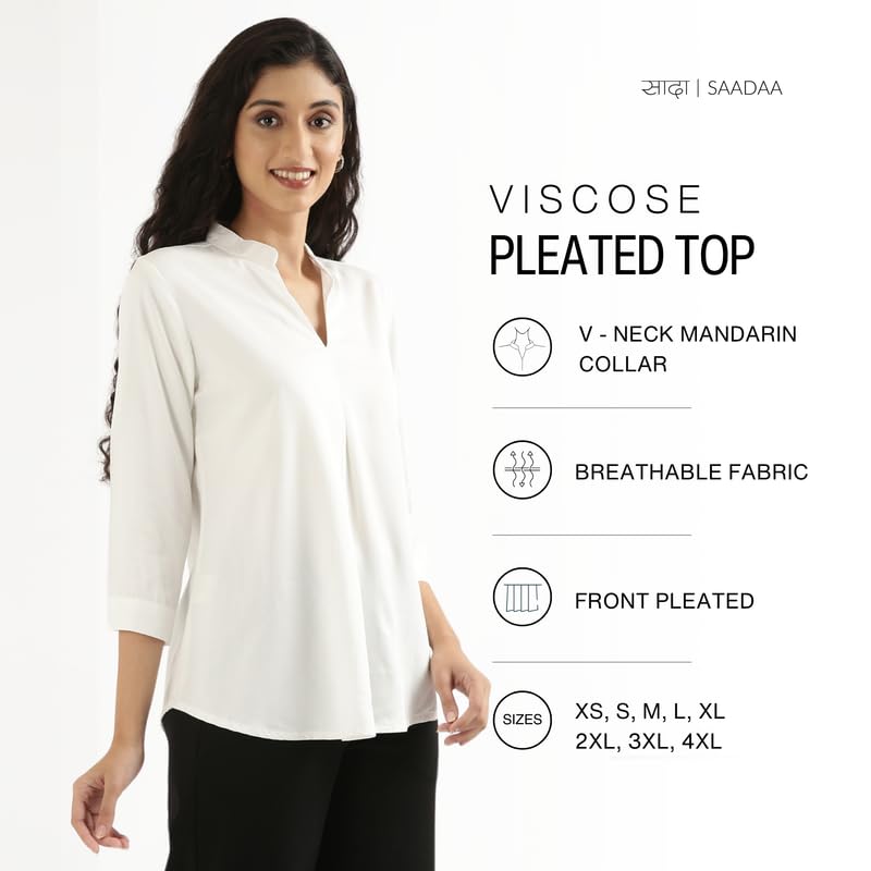 Image of SAADAA Top for Women, Viscose Pleated Tops, V-Neck with a Collar, 3 /4 Sleeve Length, Office & Casual Wear
