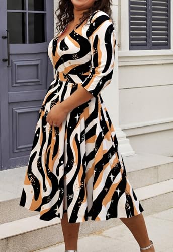 Image of Womens Plus Size Dresses Faux Wrap Summer Dress 3 /4 Sleeves V Neck 1950s Retro Vintage Wedding Party Midi Dress
