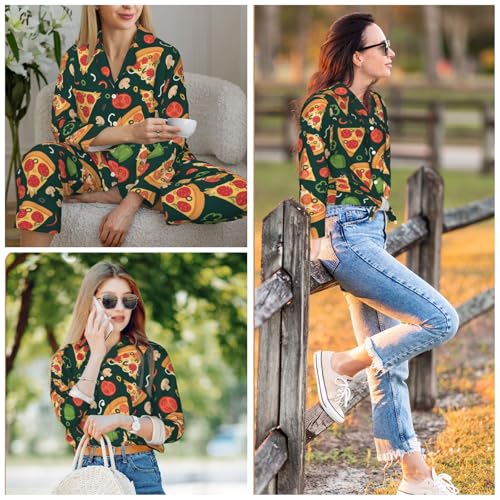 Image of Women'S Long Sleeve Pajama Set Soft Loungewear Button-Down Top & Elastic Waist Pants S- 2XL