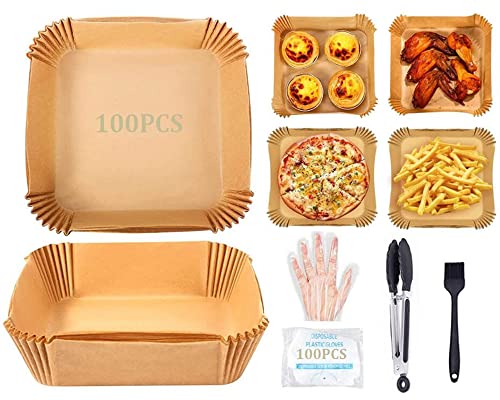 Hitopin 100PCS Papel para Freidora de Aire, Papel Pergamino para Freidora, con Guantes de Plástico Desechables, Cepillo para Repostería, Pinzas de Cocina, para Horno Microondas, Hornear, Freidora Cover