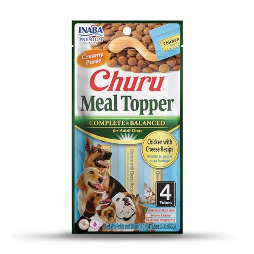 INABA Churu Meal Topper for Dogs, Complete & Balanced, Creamy, Lickable Purée Dog Food Topper, 0.5 Ounce Tube, 4 Tubes (4 per Pack) Chicken with Cheese Recipe