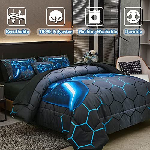Image of Game Console Blue Comforter Set with Sheets, 6 Pcs Bed in A Bag Geometric Lightweight Boys Full Size Bedding Set for Kids Teens