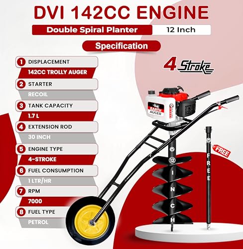 Image of DVI 142CC Trolley Earth Auger Machine, 4-Stroke Petrol Engine - with 12 Inch Double Spiral Planter Bits & Free Extension Rod | for Plantation, Fencing & Post Hole Digging in All Soil Types.