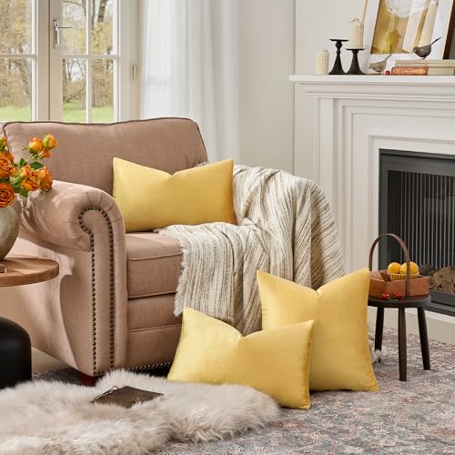 Image of GIGIZAZA Yellow Velvet Decorative Throw Pillow Covers for Sofa Bed 2 Pack Soft Cushion Cover (Yellow, 12 x 20- Set of 2)