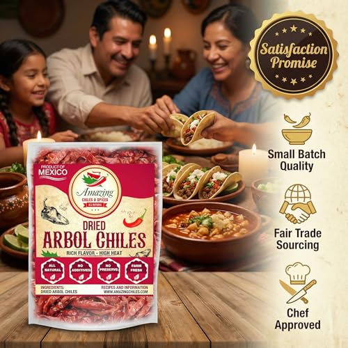 Chile De Arbol 5oz - Dried Whole Red Chili Peppers, Premium All Natural Stemless, Resealable Bag. Use in Mexican, Chinese and Thai Dishes. Spicy Hot Heat Full of Flavor.�