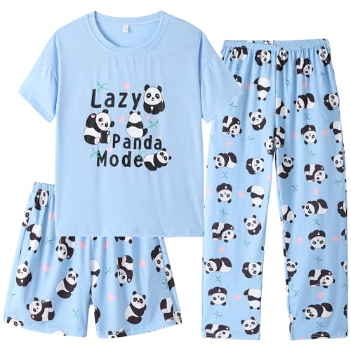 Hupohoi Kids Girls Pajama Sets Summer Short Sleeve With Shorts And Pants 3PCS Sleepwear Cute Cartoon Loungewear 6 to 17 Years, Panda-Blue, 10