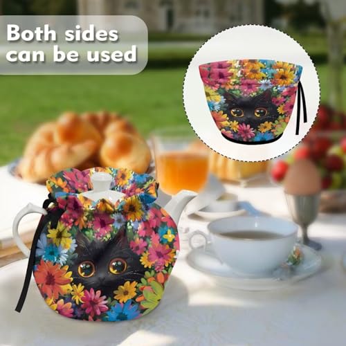 Image of Xoenoiee Cute Cat Vibrant Flowers Print Tea Pot Cosy Cotton Tea Cozy for Teapots Dust Cover Insulated Kettle Cover Teapot Warmer for Home Kitchen Decorative Accessories