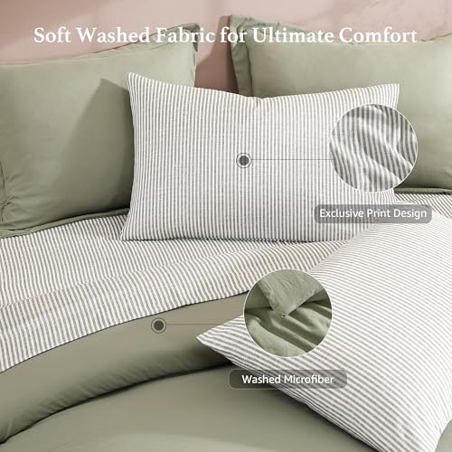 Monbix King Size Comforter Set - 7 Pieces Olive Green Prewashed Bed in a Bag King Bedding Sets with Comforters, All Seasons Ultra Soft Comforter Bed Set with Sheets,Pillowcases & Shams