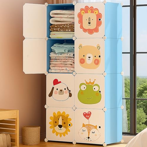 Image of AYSIS 𝟖 𝐒𝐡𝐞𝐥𝐯𝐞𝐬 Multi-Purpose Organizer | 𝐊𝐢𝐝𝐬 𝐏𝐥𝐚𝐬𝐭𝐢𝐜 Modular Storage Rack for Clothes, Kitchen, Living Room | Space-Saving Collapsible Wardrobe for Clothes【Blue, 8-Shelf-8-Door】