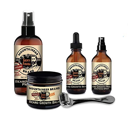 Mountaineer Beard Growth Bundle - Natural Beard Growth Serum for Men with Patchy Beard Growth - Beard Balm, Roller to Stimulate Growth Included