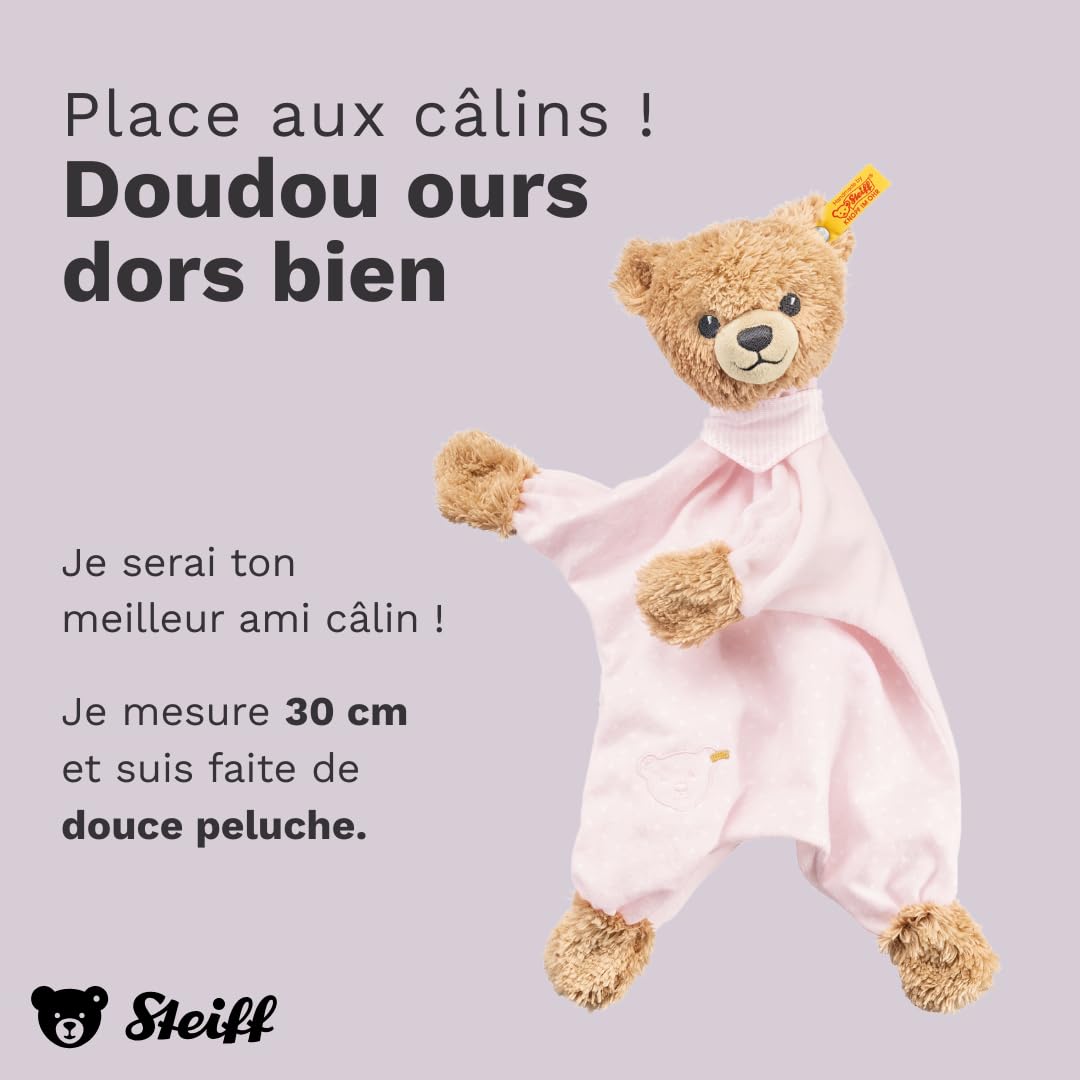 Steiff Peluche Ours Dors Bien Doudou, Adorable Compagnon, Garçons, Filles et bébés dès 0 Mois, 30 cm, Rose, 239533