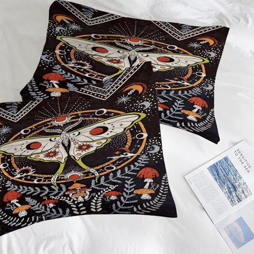 Image of Black Gothic Moth Comforter Set Full Size Boho Dead Moon Bedding Sets for Girls Boys Kids Adults Bedroom Decor Vintage Mushroom Quilt 1 Comforter 2 Pillowcases