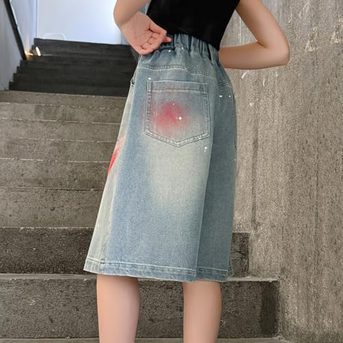 Moonker Kids Girls Bagge Bermud Jeans Distressed Thin Elastic Waist Knee Length Washed Denim Shorts Summer Y2k3