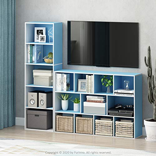 Image of Furinno LUDER Book Shelf, 5-Tier Bookshelf, Bookcase with Open Shelves, 9.4 x 15.8 x 52, Easy Assembly, for Living Room, Bedroom, Home Office, White /Light Blue