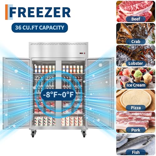 Image of PeakPursuit 48 inch W Commercial Freezer -8F~0F,Reach-in 36 Cu.ft 2 Door Stainless Steel Commercial Refrigerator Fan Cooling,6 Adjustable Shelves, Auto Defrost,for Restaurant,Bar,Kitchen,Shop