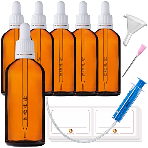 HandsUnity 100ml-6Stk Pipette Glasflasche - Bernsteinglas-Apothekenglas-Set mit weißem Pipettenverschluss inkl. 17 Stück Hilfsmittel Braunglasflaschen Cover