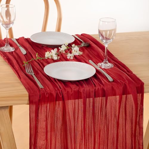 Image of MLMC 6 Pack Red Table Runner Boho Rustic Gauze Cheesecloth Table Runner Sheer Cheese Cloth Centerpiece Decor 65x120 Inches for Wedding Reception Annniversary Decor