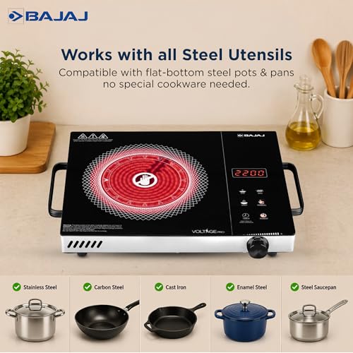 Image of Bajaj IRX 220F Infrared Induction Cooktop | 2200 Watts | 11 Power Level | 3 Preset Menu | Feather Touch Controls | Digital display | 1 Year Warranty 【Black /Silver】