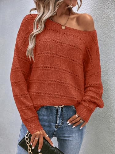 Image of Women's Sweater Soft Boat Neck Long Sleeve Oversized Sweaters Crochet Pullover Knit Tops