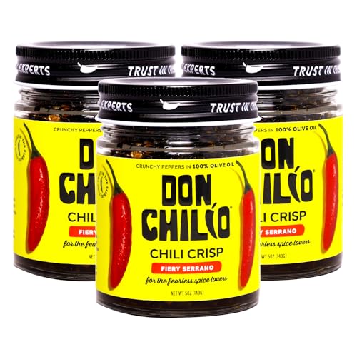 Image of Don Chilio Medium Heat Serrano Mexican Chile Crisp, 5 oz, 3 Pack - Crunchy Sliced Serrano Fried Chili Peppers in Hot Seasoned 100% Olive Oil - Keto-Friendly, Vegan, Gluten Free