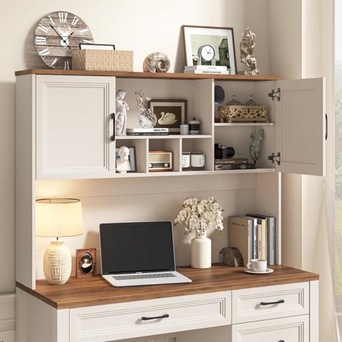 Image of Vabches Farmhouse Executive Desk with 4 Drawers and Storage Cabinet, Rustic Large Home Writing Desk with Hutch, Workstation for Bedroom, White