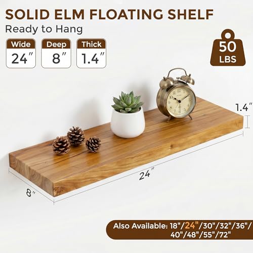 Image of Dreamland Floating Shelves 24 Inch Long for Wall Decor, Rustic Solid Elm Wood Floating Shelf Wall Mounted, Wall Shelves Set of 2 Invisible Bracket for Living Room Bathroom Bedroom Kitchen, Natural