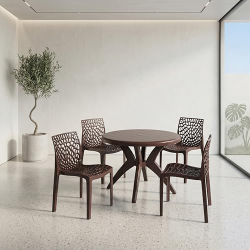 Image of Supreme Web Chair & Marina Table 5-Piece Set | Heavy Duty Plastic 4-Seater Dining Set for Living Room, Garden, Cafe & Outdoor Balcony, Color: Globus Brown