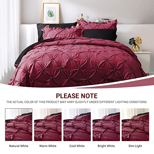 JOLLYVOGUE Burgundy Twin Size Comforter Sets 5 Pieces, Pintuck Bed in a Bag Comforter Set for Bedroom, Bedding Comforter Sets with Comforter, Sheets,Ruffled Shams & Pillowcases