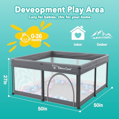 Image of Foldable Baby Playpen for Babies and Toddlers, 50x50 Inch Portable Play Yard, Collapsible Play Pen with Mat, Visible Mesh, 50 Ocean Balls, Indoor /Outdoor Baby Fence Activity Center for Home