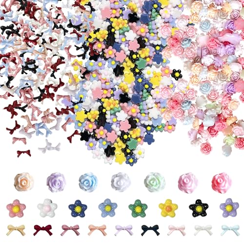 JIEYUMAO Resin Flower Charms, 300 Pcs Resin Rose Flower Beads, Various Styles Flowers Slime Charms with Bow Charm, Multicolor Flatback Flowers Charm Rose Beads for DIY Jewelry Making