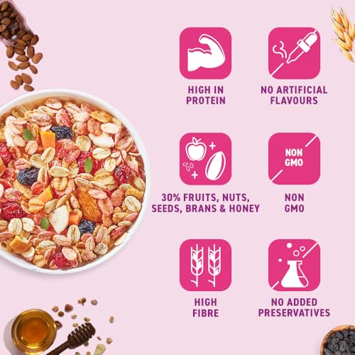 Image of Bagrry's Crunchy Muesli With 30% Fruit & Nut Cranberries 400gm Box|34% Fibre Rich Oats|No Sugar Infused Fruits|Real Fruits|Breakfast Cereal|Protein Rich|Cranberry Muesli