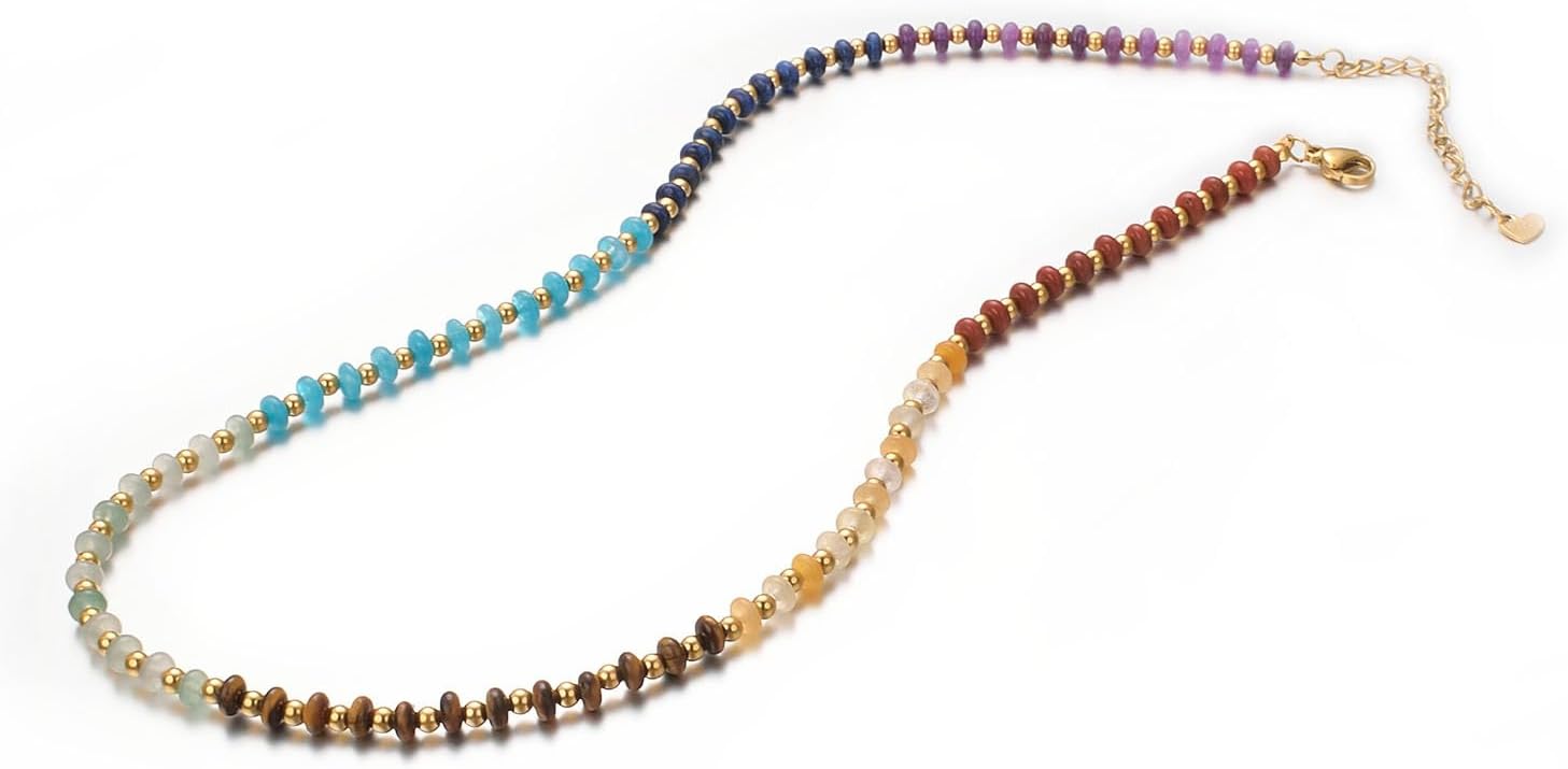 Aleasha Gemstone Beaded Choker Spinel Lapis Lazuli Amethyst Turquoise 14" Necklace for Women Gold Stainless Steel Handmade Strand Boho Jewelry - Image 7