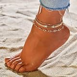 Jeweky Boho Layered Anklet Chain Gold Bead Ankle Bracelet Leaves Beach Foot Chain Accessory for Wome