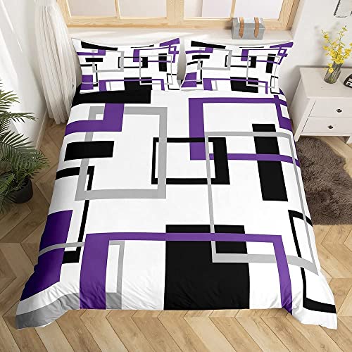 Funda Nordica de 3 Piezas para Cama 90 Morado Negro Funda Edredon 150x220 cm Geometría Ropa de Cama de Microfibra Transpirable con Cremallera y 2 Fundas de Almohada 50x75 cm A-2670