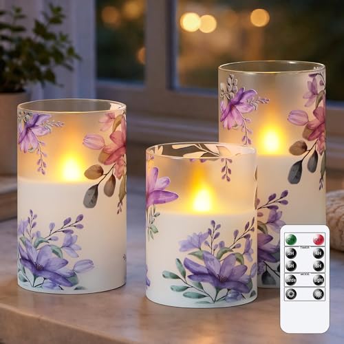 Wroxipel Pack of 3 Flameless Daily Timer Flickering Real Wax Pillar Candles 3 x 4 5 6 LED Battery Operated Purple Flowers Glass Warm Light with Remote Control