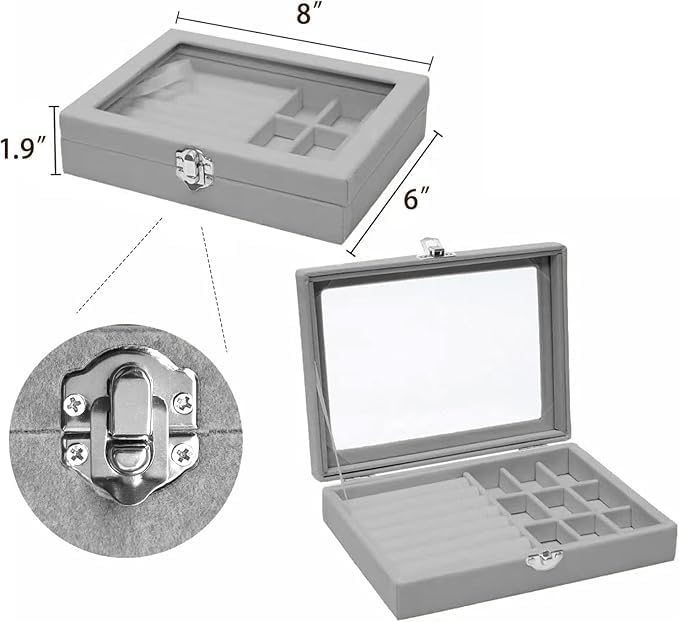 Image of Velvet Jewellry Drawer Organizer Stackable Tray (Grey, Ring+Grid Box)