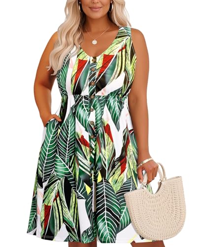 Image of Holipick Women's Plus Size Summer Dresses for Women Casual Dress with Pockets A-Line Swing Button Down Sleeveless V Neck