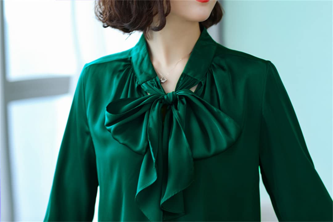 Blusas de satén de Manga Larga con Cuello en V para Mujer con Volantes de Lazo, Blusas de Seda Informales Sueltas, Camisas de Trabajo y Oficina
