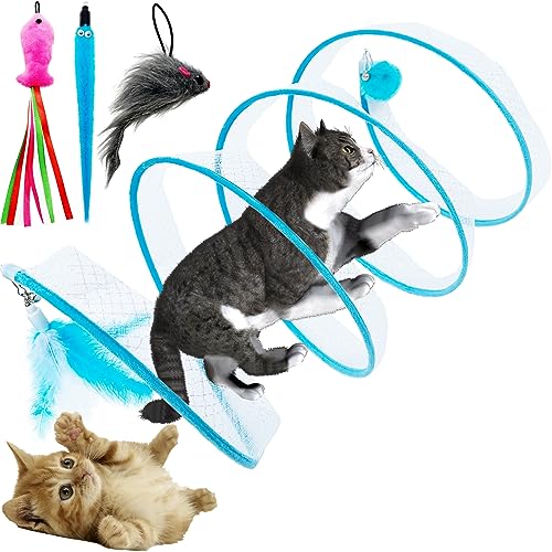 Self Play Cat Hunting Spiral Tunnel Toy Folded Cat Spring Tunnel Toys for Indoor Cats (Blue)