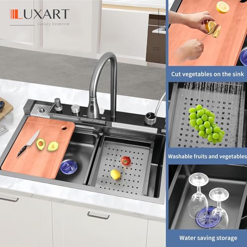Image of LUXART 5 Switch Piano Stainless Steel Multifunction Kitchen Sink 30x18x10 Inch - LED Digital Display & RO Tap Multifunctional Sink | Honeycomb Design Smart Sink with Waterfall & 360 Pull-Down Faucet