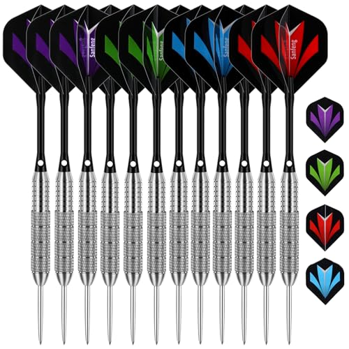 sanfeng 12 Pack Steel Tip Darts Set – 24G Silver Darts with Flights, Stems (Shafts)