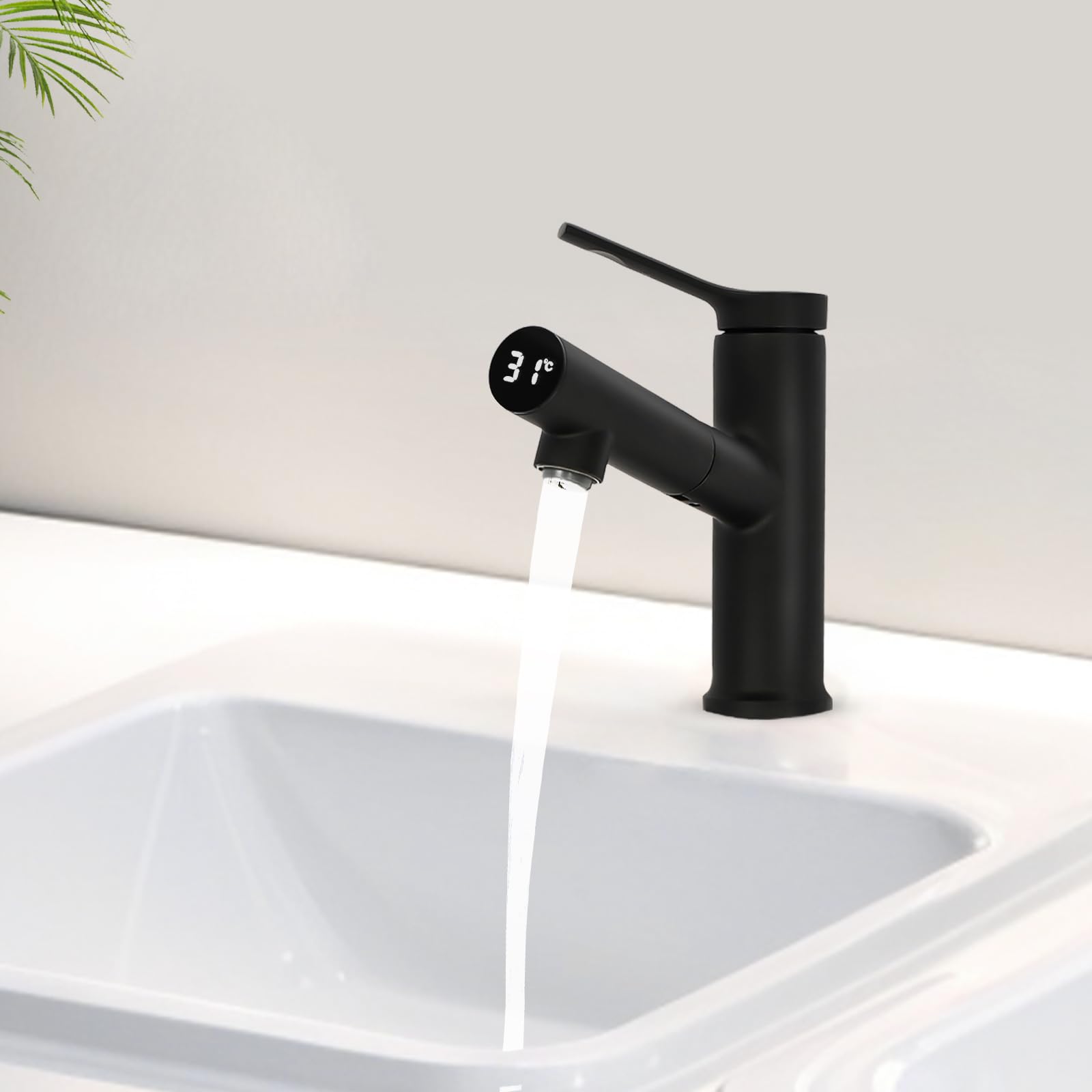 Grifo extensible con indicador de temperatura LED de latón, cartucho cerámico G1/2, monomando para agua fría y caliente, antigoteo para baño, lavabo, cocina, hotel, oficina (negro)