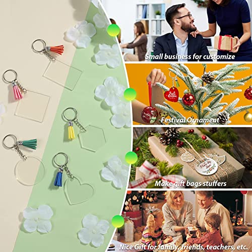 MAKINGTEC Blank Keychains for Vinyl, Acrylic Keychain Blanks Bulk with 5 Shapes Clear Acrylic Disc Leather Tassel Charms Key Chains Jump Ring for DIY Craft Ornament Engrave Painting (200Pcs)