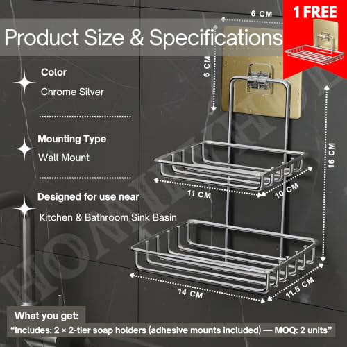 Image of Double Layer Soap Stand for Bathroom | Soap Holder for Bathroom Stickable | Self Adhesive Wall Mounted Stainless Steel Soap Dish | No Drill Soap Tray Waterproof Rust-Proof (Set of 4)